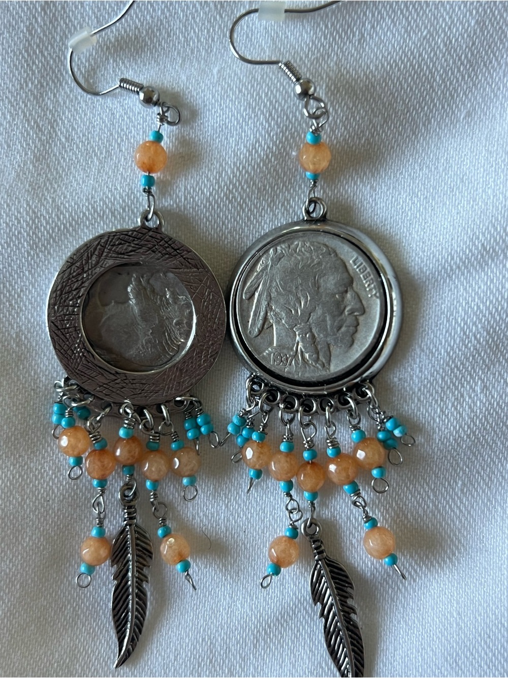Buffalo Nickel Coin-Style Dangle Earrings – Beads & Feather Charms- front /back